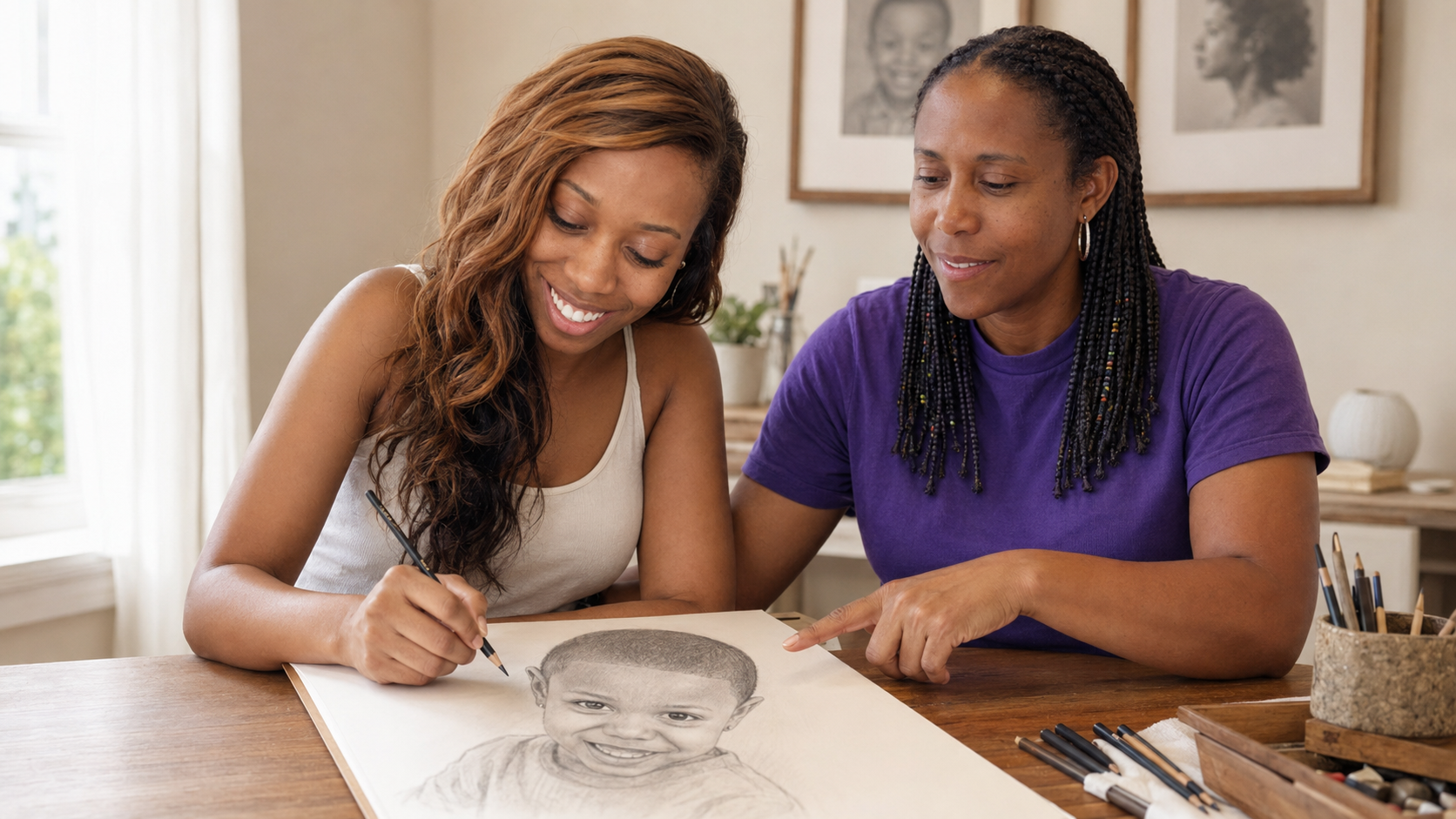 Rubertha guiding a student as she draws a graphite portrait, with pencils and drawing tools on the table