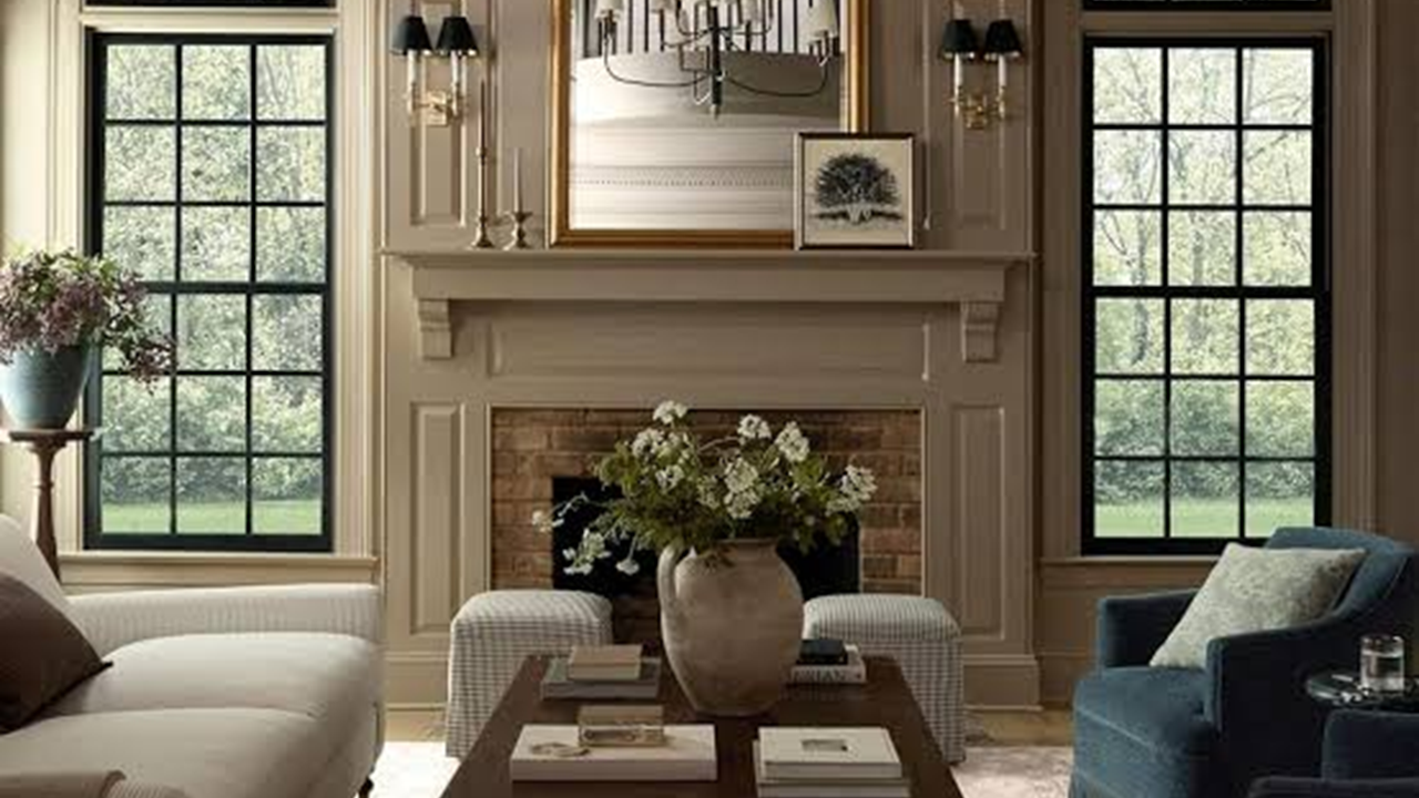 The private Student Studio room with tall windows, a fireplace, comfortable seating, and drawing books on the table