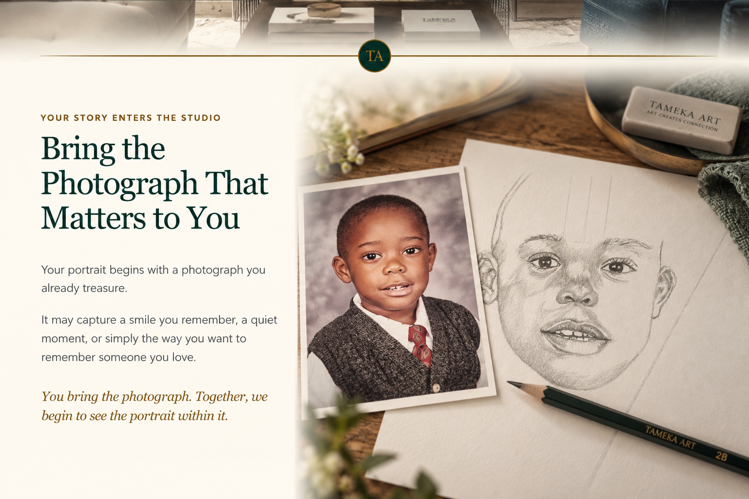 A treasured childhood photograph beside its developing graphite portrait and pencil on a warm artist's table