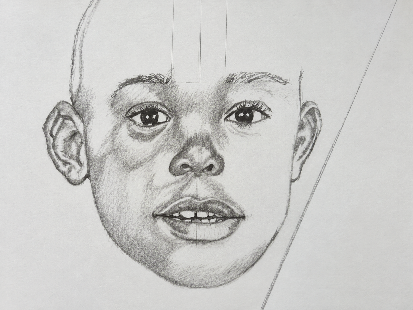 Corresponding graphite portrait drawing with visible construction and placement lines