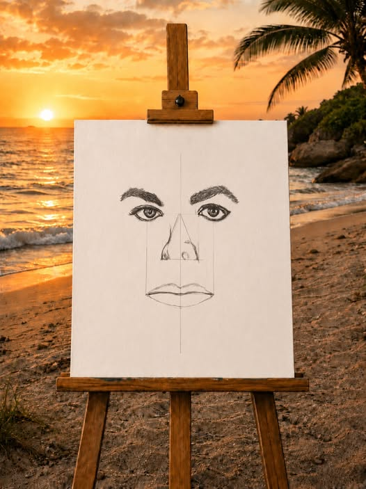 Features stage of a portrait drawing on an easel