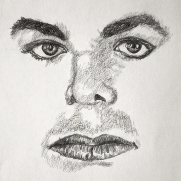A graphite portrait in progress, centered as the purpose of the experience